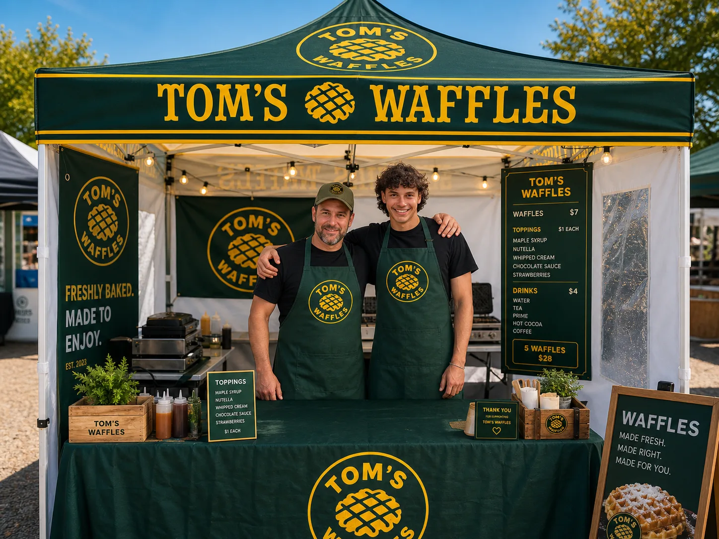 Two of our crew behind the Tom's Waffles table under the tent