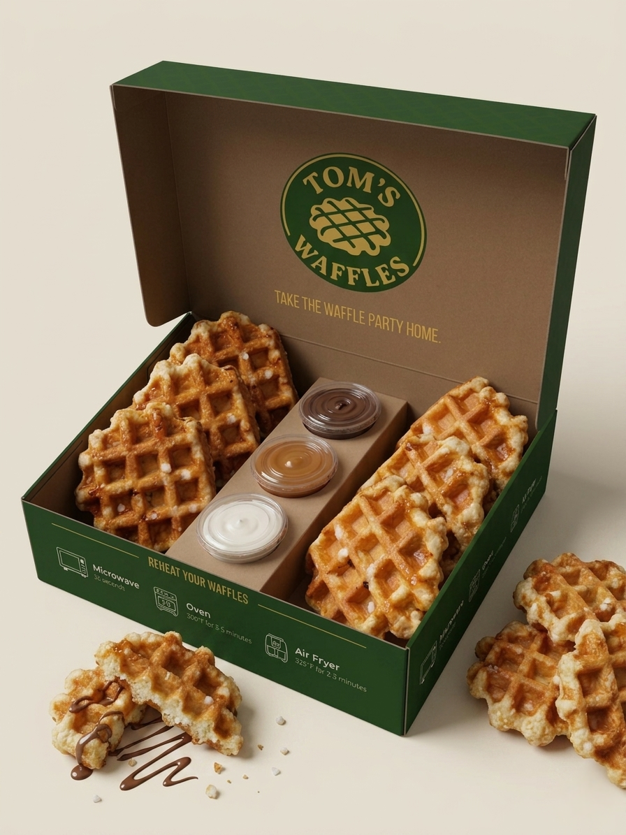 Tom's Waffles delivery box with 6 fresh Liège waffles and 6 premium mystery toppings