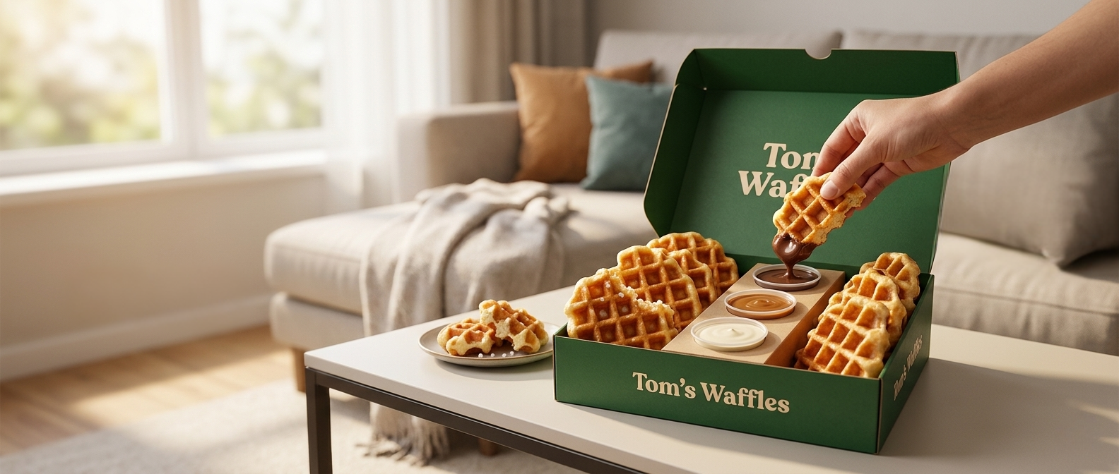 Tom's Waffles delivery box on a coffee table at home with fresh Belgian waffles and premium toppings