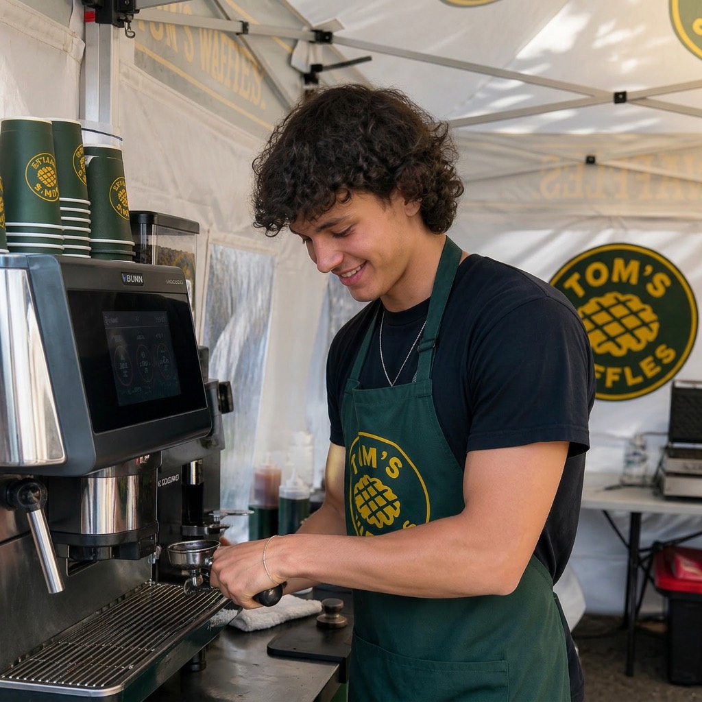 Tom's Waffles mobile coffee cart and team in Denver, CO