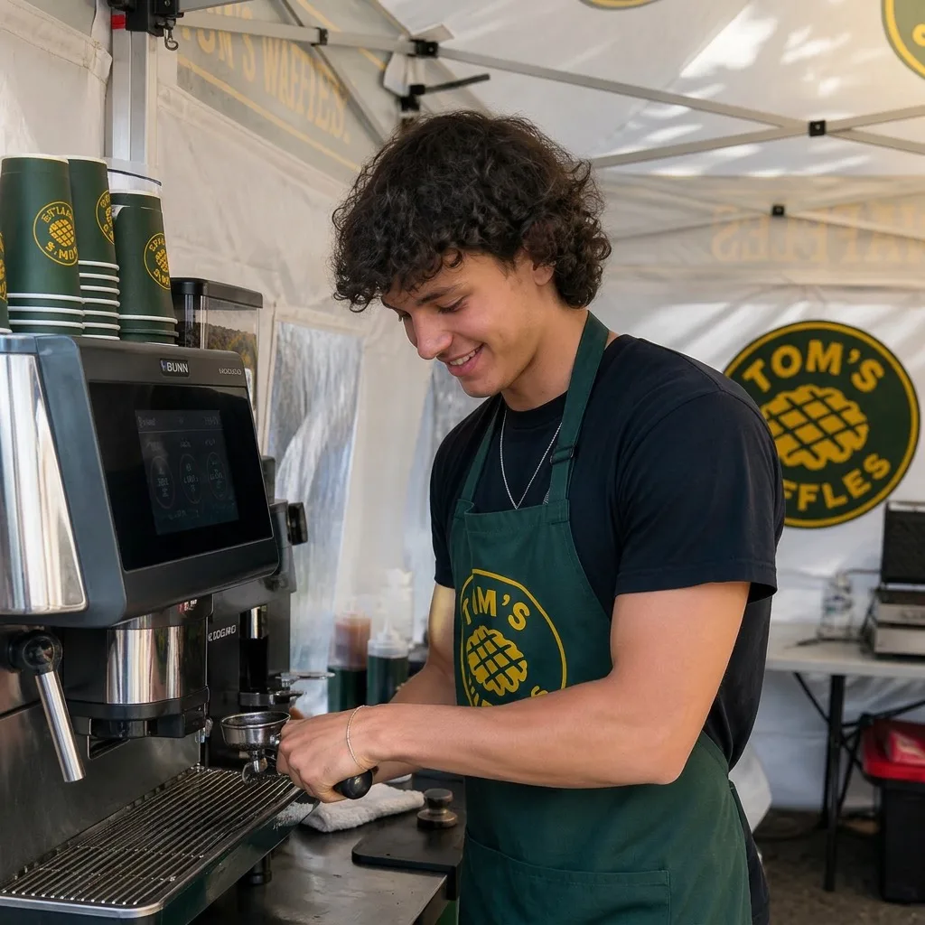 A barista making espresso drinks at the Tom's Waffles tent