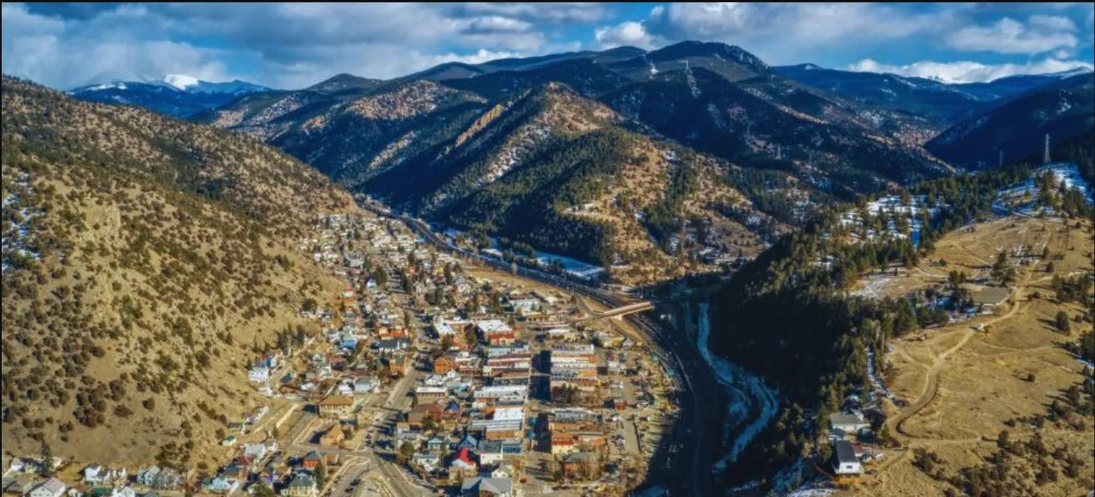 Evergreen Colorado mountain town aerial view
