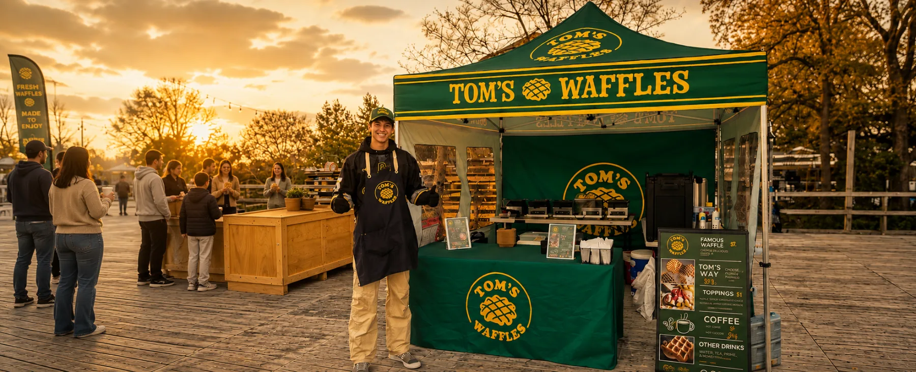 The Tom's Waffles tent at sunset